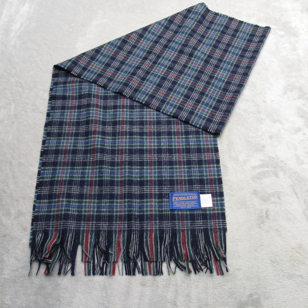 Pendleton Wool Scarf Unisex Green Black Watch Plaid Fringe Made In USA VTG